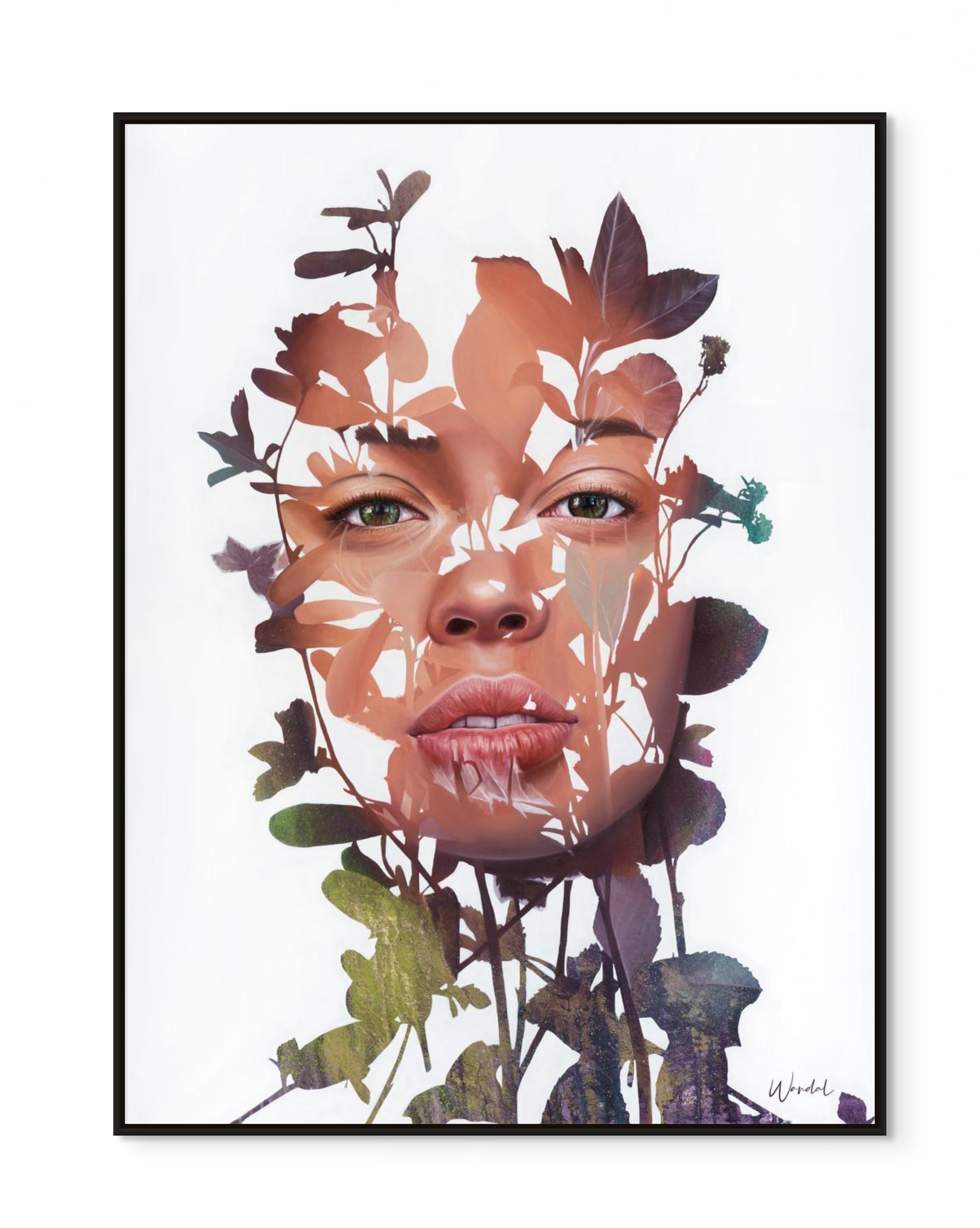 Female portrait layered with botanical elements on a white background — nature-inspired woman art print available on canvas or paper