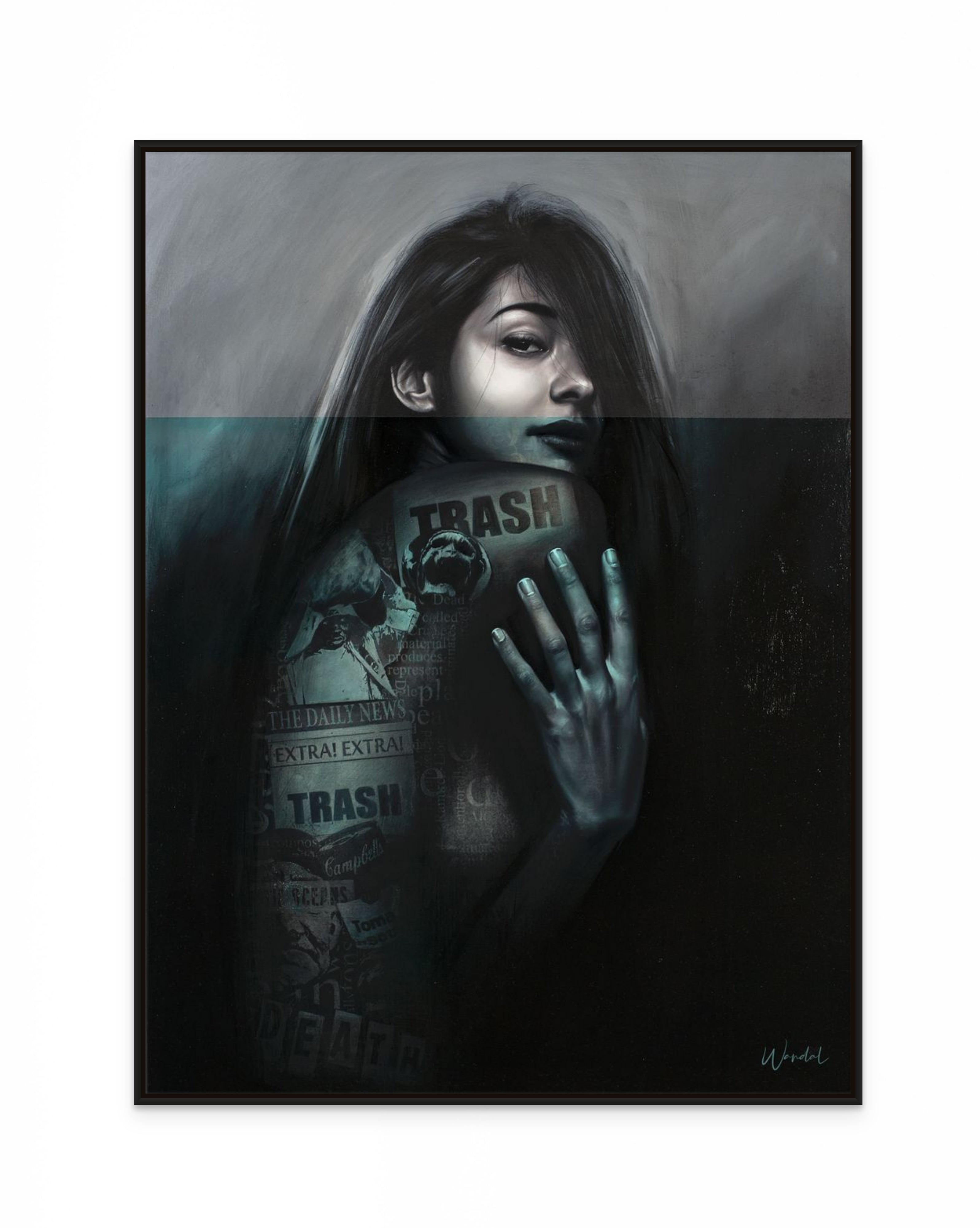 Female portrait in urban contemporary art style with bold tattoo sleeve and emotional depth — available as canvas or fine art paper print by Sebastian Wandl