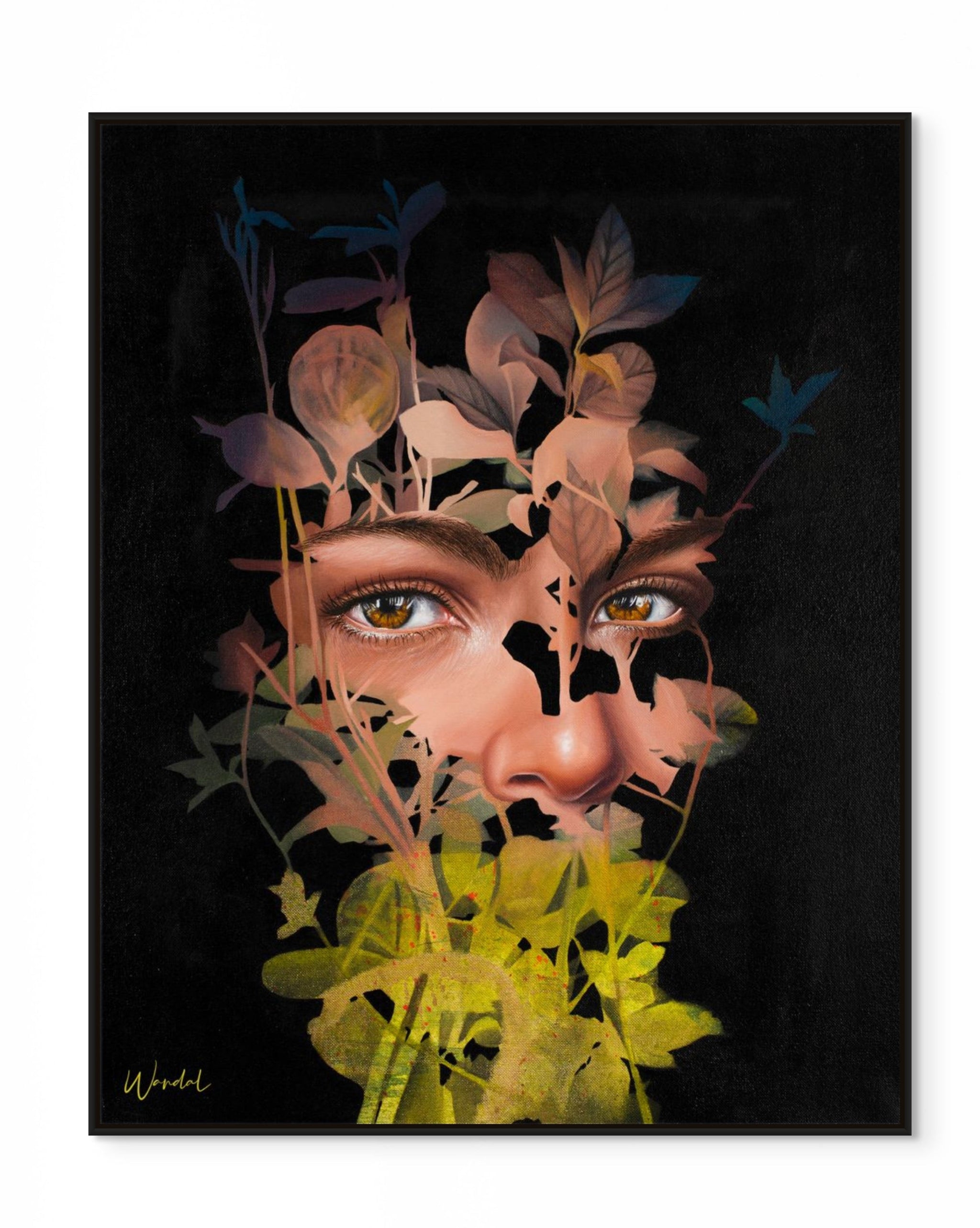Woman’s face integrated with botanical elements on a black background — a nature-inspired contemporary portrait available in canvas and paper prints.