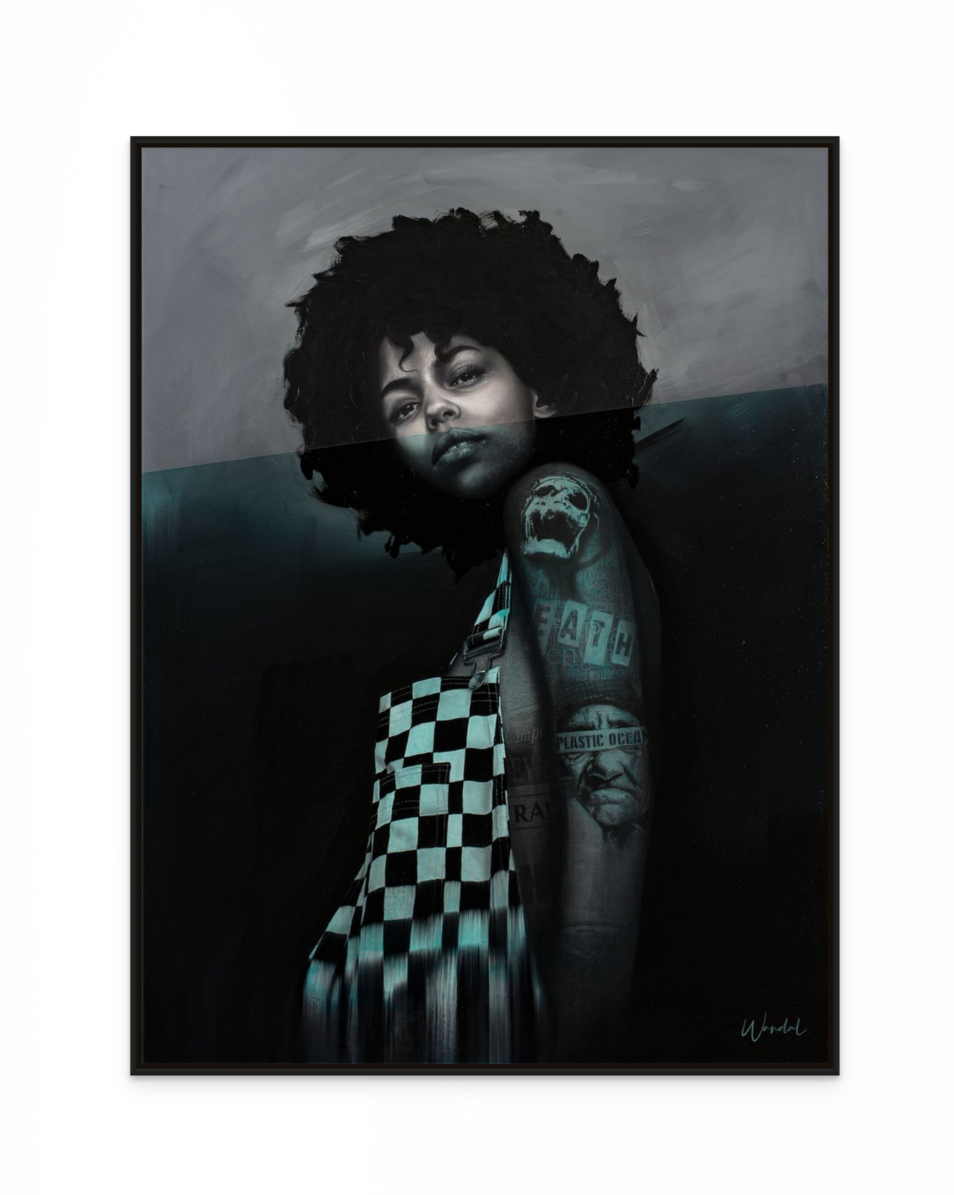 Female portrait art with tattoo sleeve and a checkerboard dress — urban contemporary portrait available canvas and paper prints