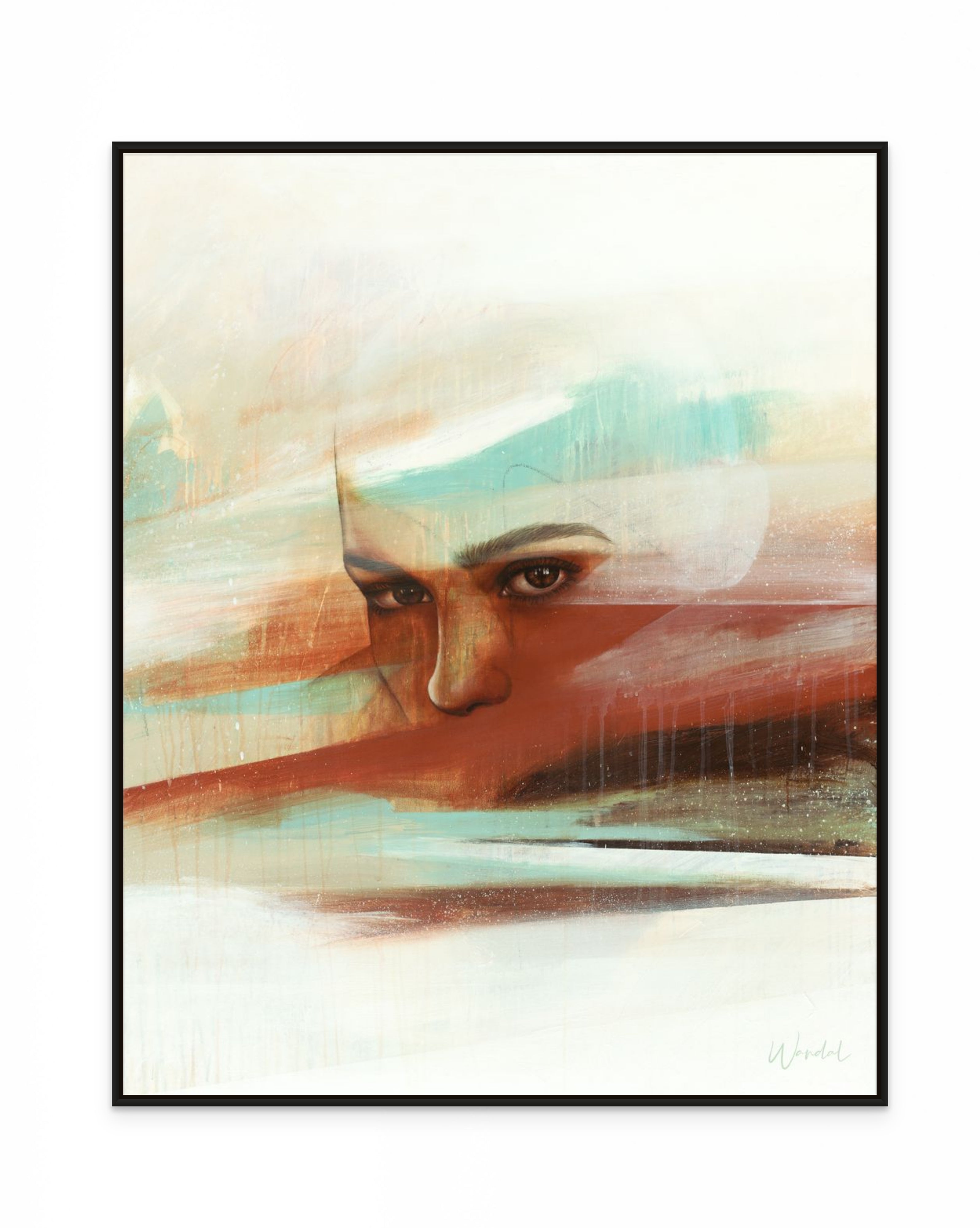 Abstract woman portrait in soft earth tones with expressive brush strokes — available as canvas or fine art paper print.