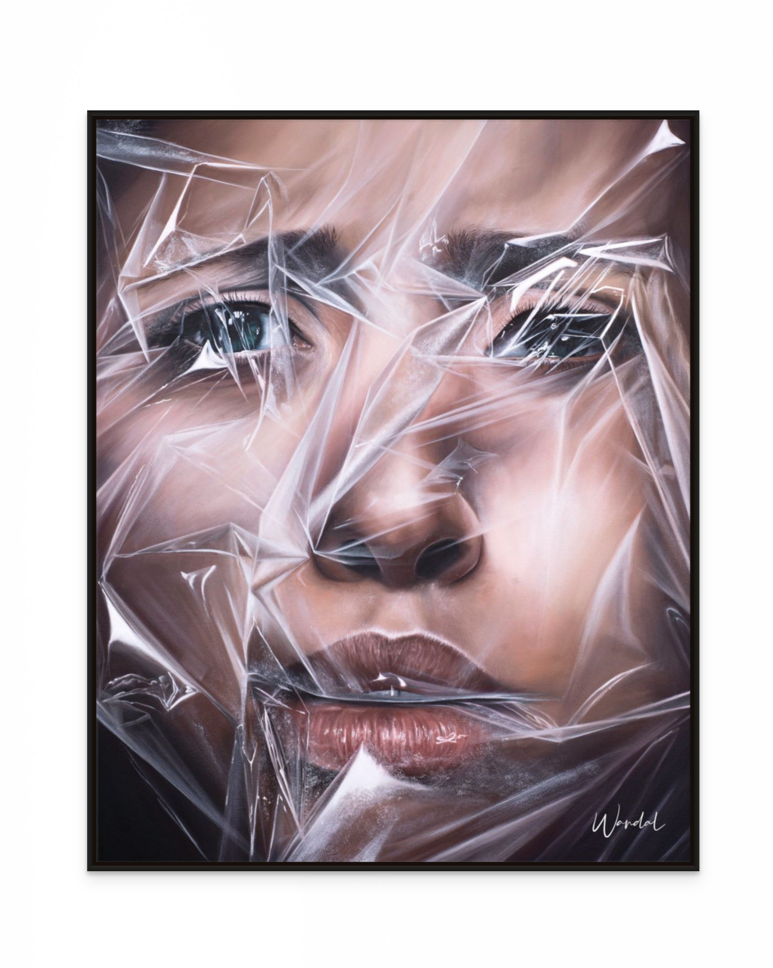 Close-up hyperrealistic female portrait behind plastic — contemporary woman art print on canvas or paper
