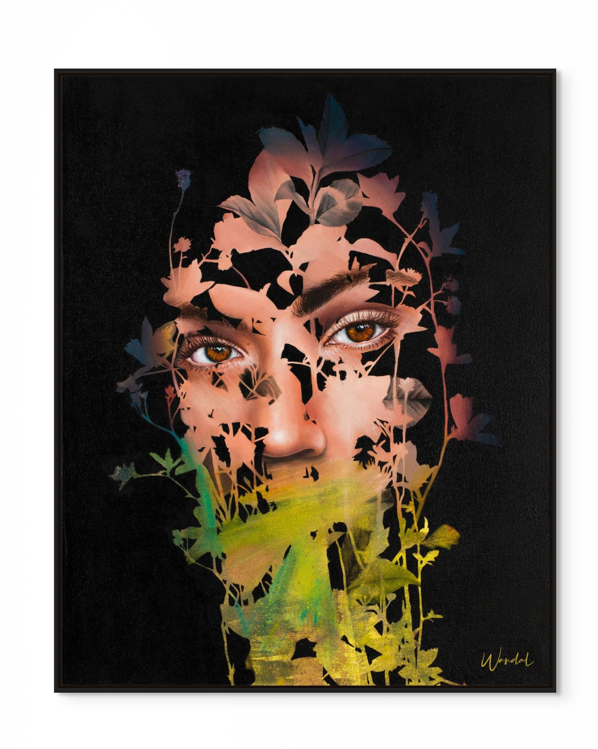 Art print of a woman’s face intertwined with leaves — a symbolic nature-themed contemporary portrait for modern interiors.