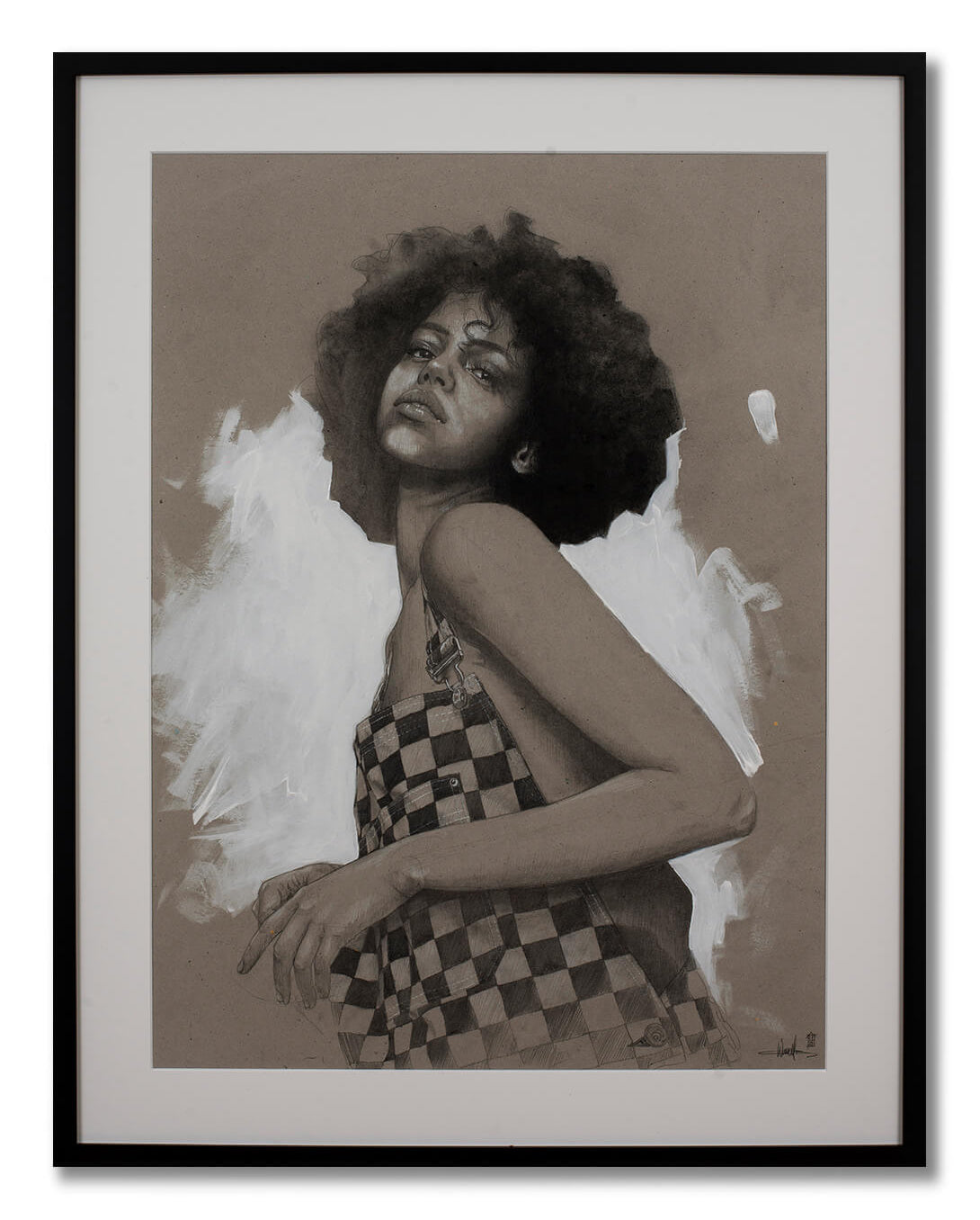 An original drawing by Sebastian Wandl - Graphite and white paint drawing of a woman with voluminous curly hair and checkered dress, gazing upward. Framed female portrait on brown board.