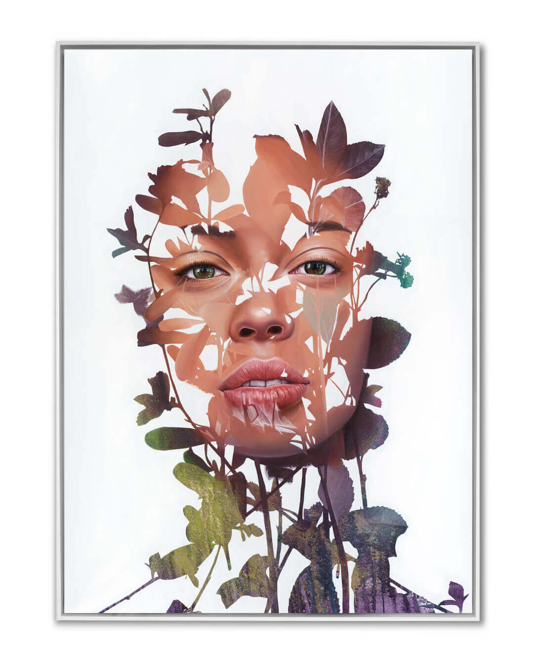 Nature’s View / Anastasia – abstract oil painting of a female portrait blended with leaves and plants, nature-inspired wall art
