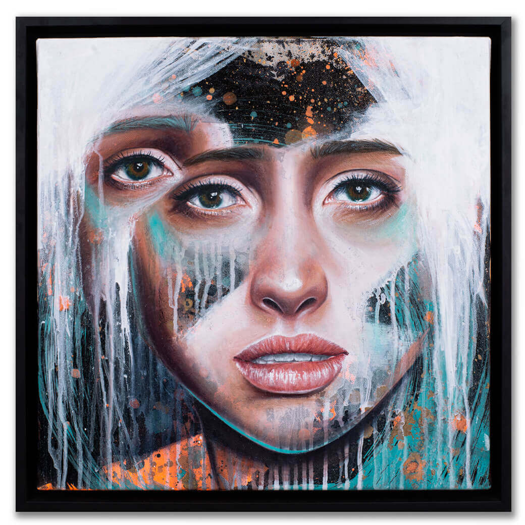 Original painting “Social Lies IV” by Wandal – emotional female portrait in mixed media with expressive brushwork, black frame.