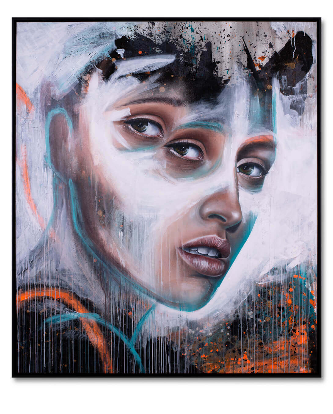 Original painting “Social Lies V” by Wandal – surreal female portrait in mixed media on canvas, 120x140 cm, black frame.