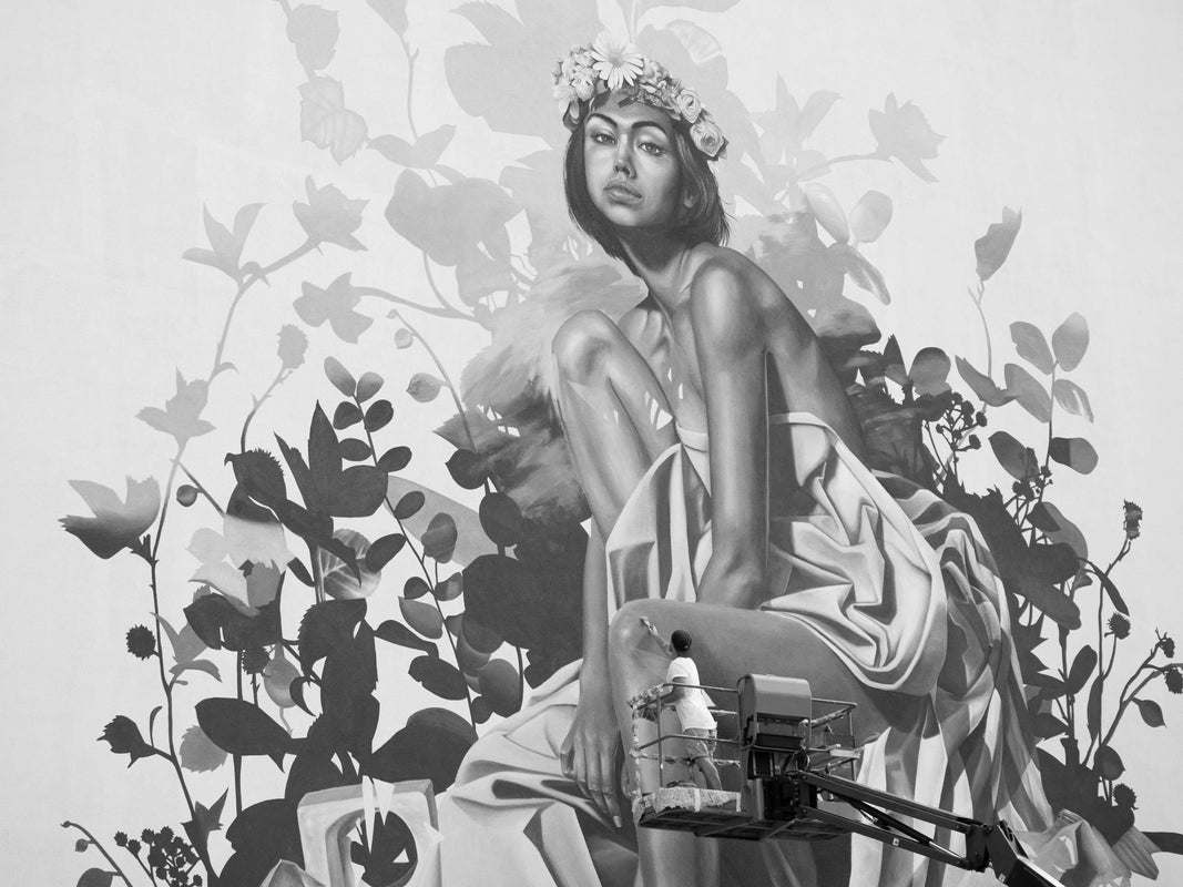 you see a huge wall mural hand painted by painter Sebastian Wandl. A woman is covered and sitting in a kind of flower bed. It is part of his latest collections. The women is one with nature, just covered with a blanket.