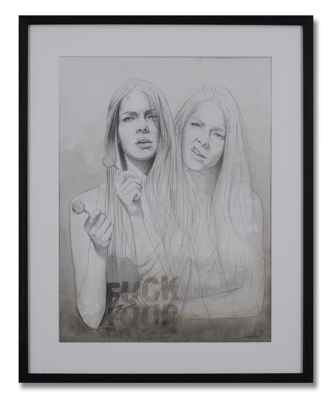 Two expressive female faces holding lollipops in an original pencil sketch drawing with layered texture by Wandal