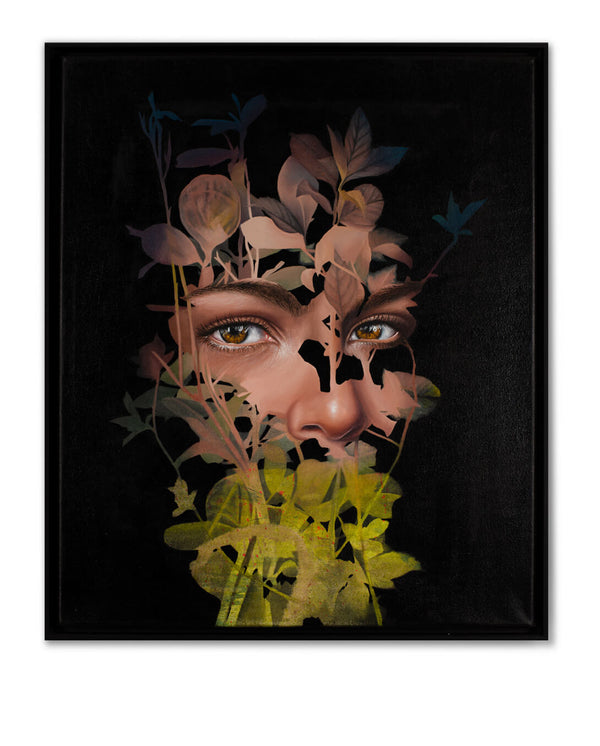 you see a woman painted by photo realistic artist and painter sebastian wandl who is it seems like looking through black and green leaves or even existing of those leaves