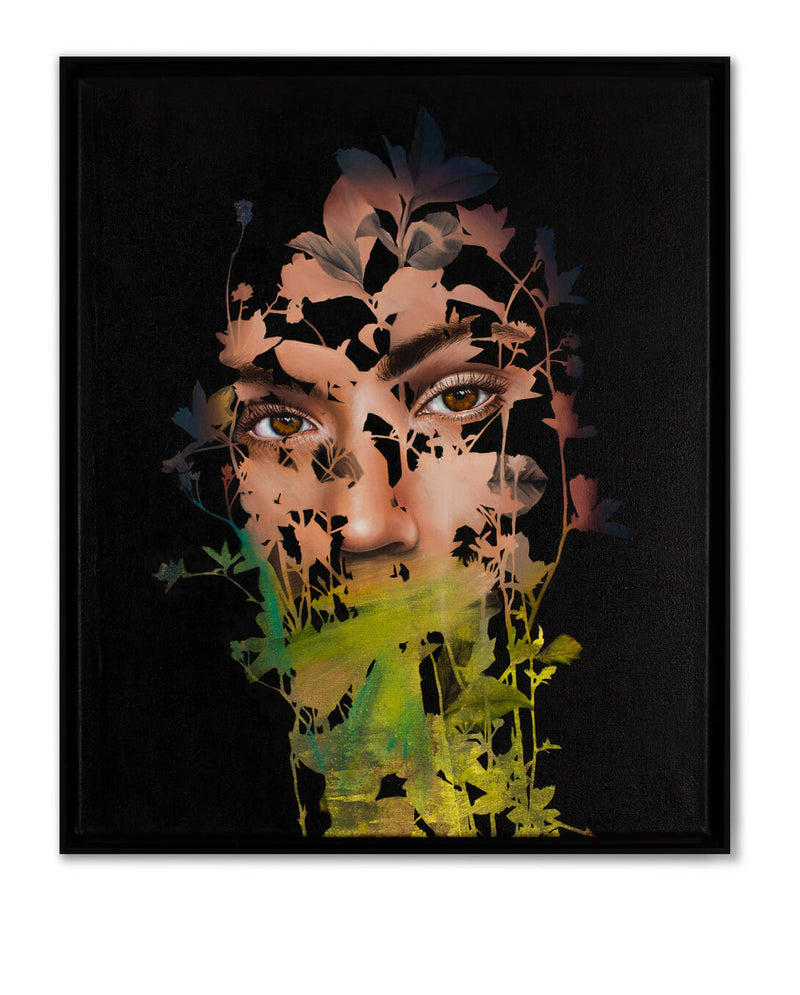 you see a woman painted by photo realistic artist and painter sebastian wandl who is it seems like looking through black and green leaves or even existing of those leaves